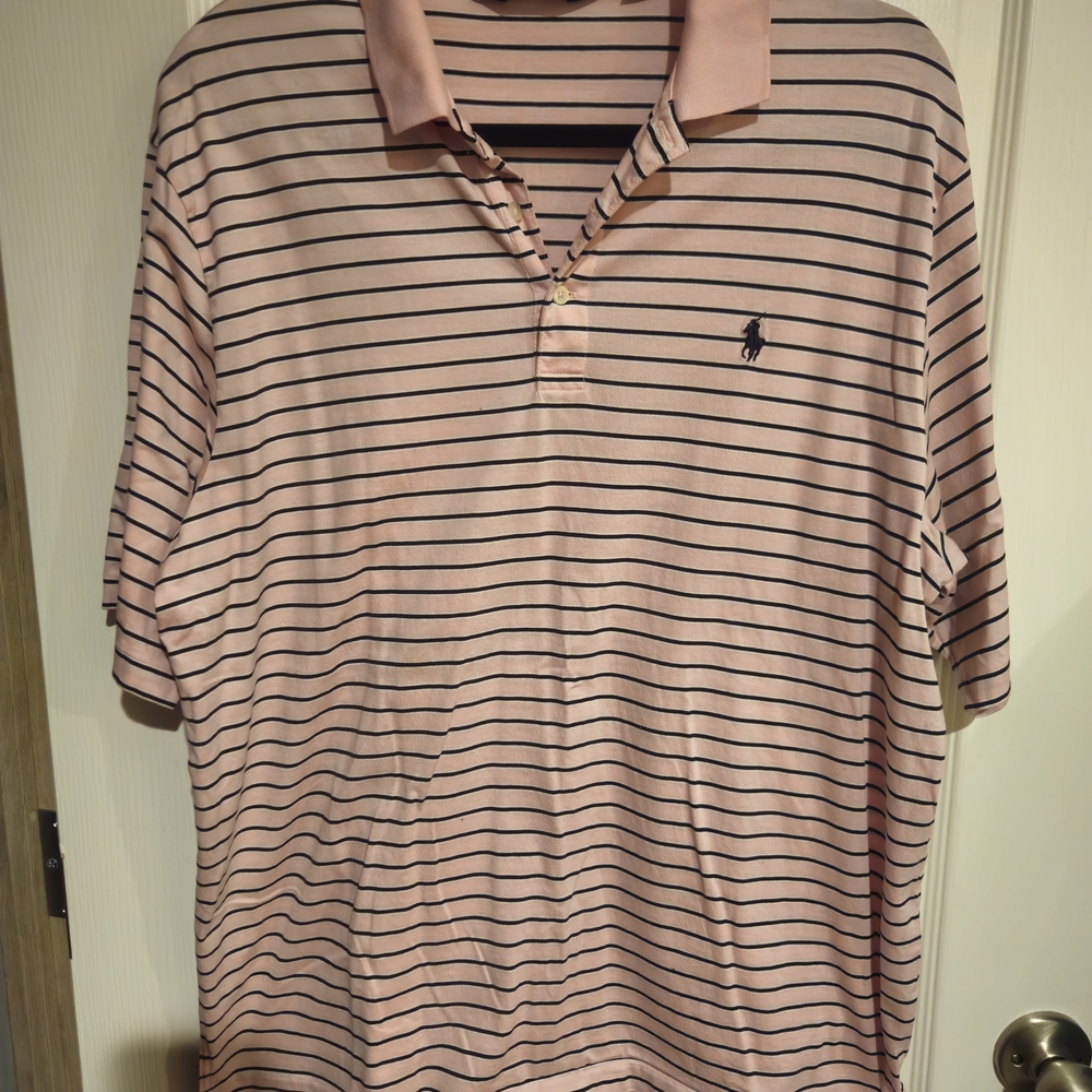 Polo Golf Ralph Lauren Pima Cotton Pink Navy Striped Shirt Men's Size Large